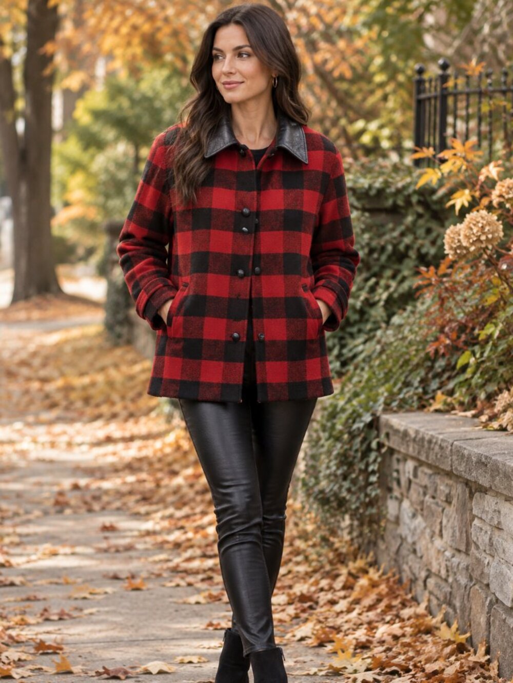 Vintage Alfred Sung Buffalo Plaid Wool Leather Collar - Medium